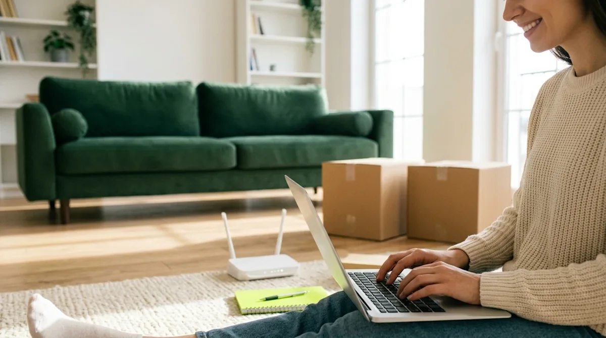 Candid lifestyle photography of a homeowner sitting on the floor of a bright, modern home living room, typing on a sleek silv