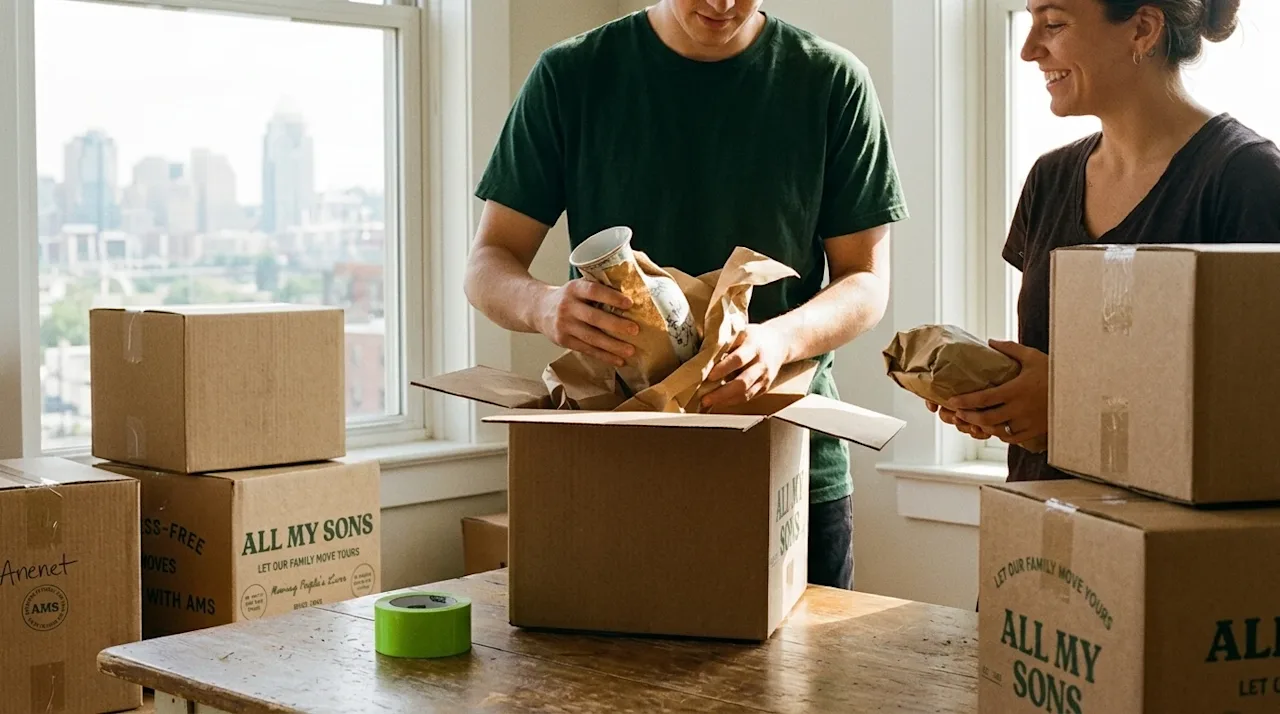 A cinematic, candid lifestyle photograph of a couple safely packing for a move to a new home in Cincinnati. A person wearing