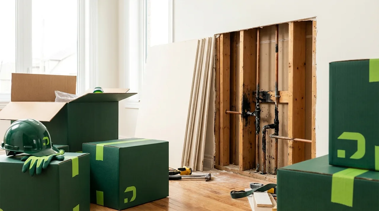 Green moving boxes near exposed wall studs with corroded copper piping for a home drywall inspection.