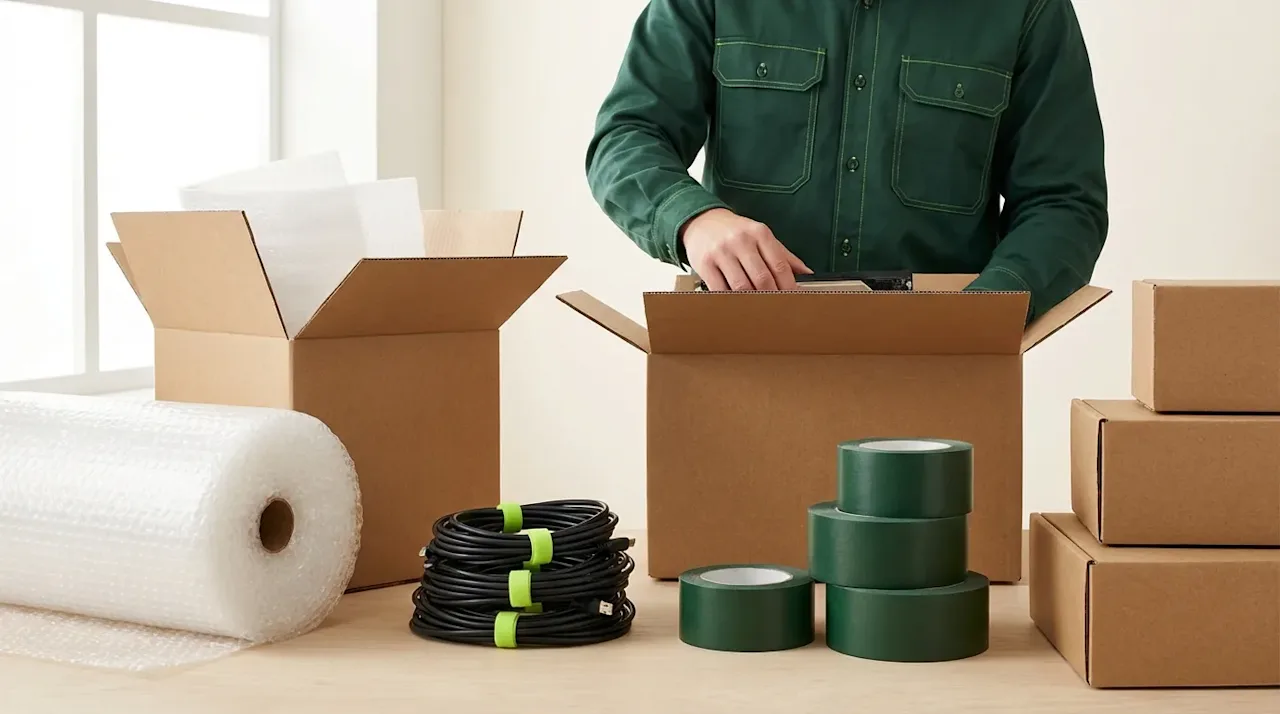 Professional moving specialist packing electronics with forest green supplies, bubble wrap, and heavy-duty boxes.