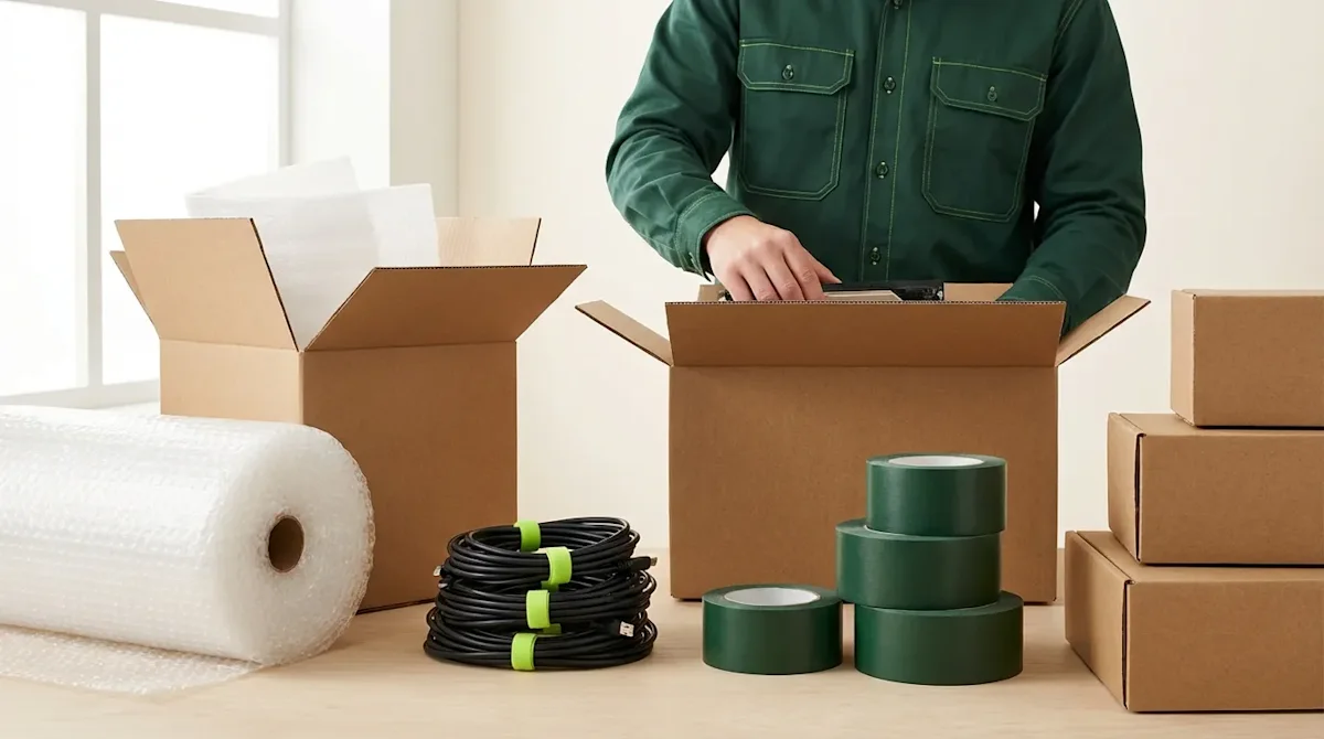 Professional moving specialist packing electronics with forest green supplies, bubble wrap, and heavy-duty boxes.