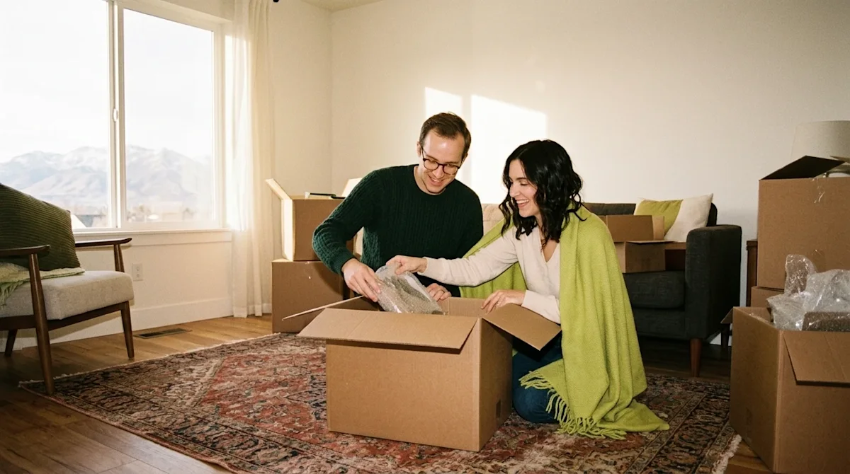A candid, warm, nostalgic film photography shot of a couple unpacking a plain cardboard moving box in their cozy new Salt Lak