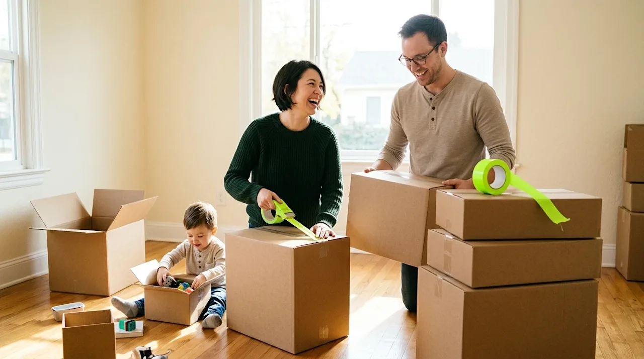 A candid, heartwarming lifestyle photograph celebrating National Moving Month, featuring a joyful family in the process of mo