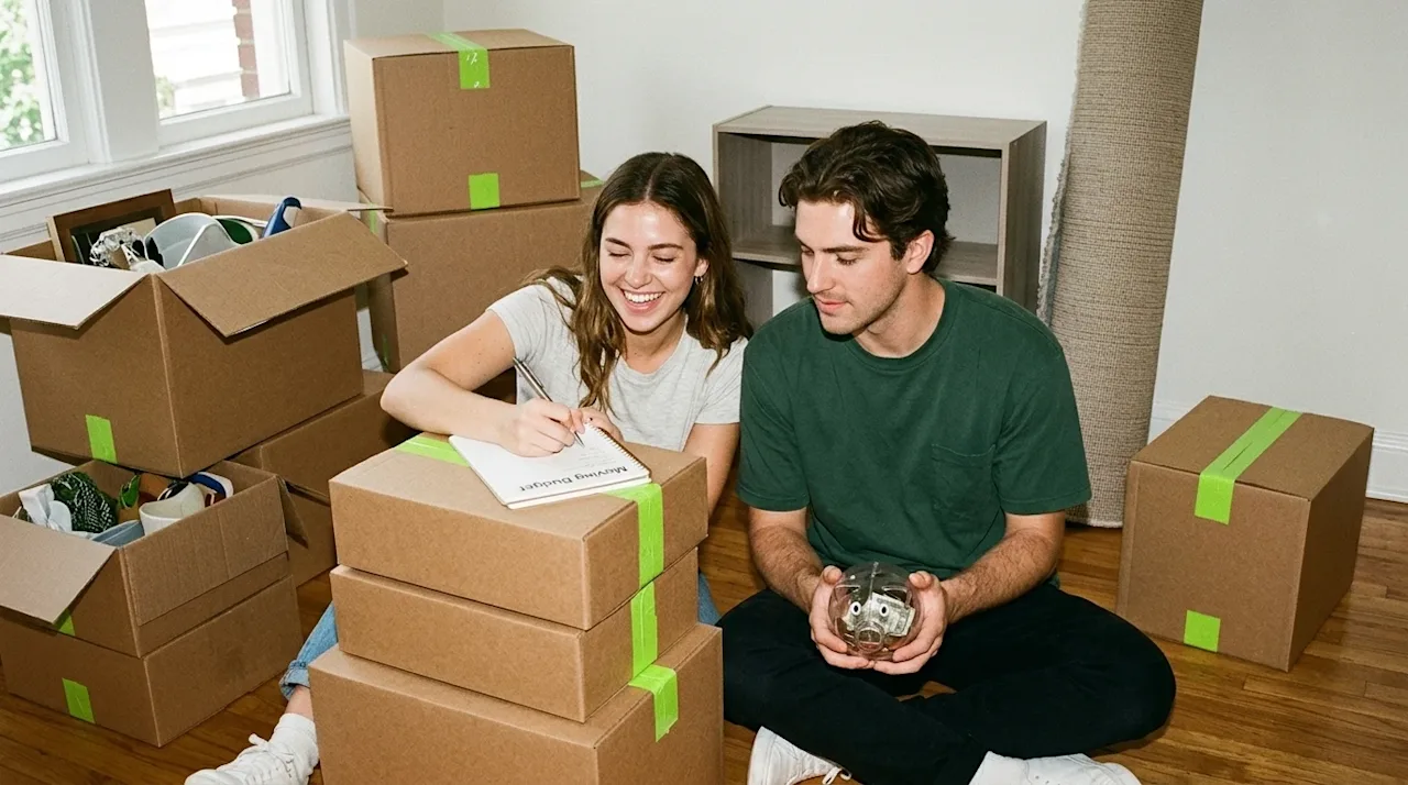 Candid lifestyle photography of a young couple sitting on the hardwood floor of a partially packed living room, happily plann
