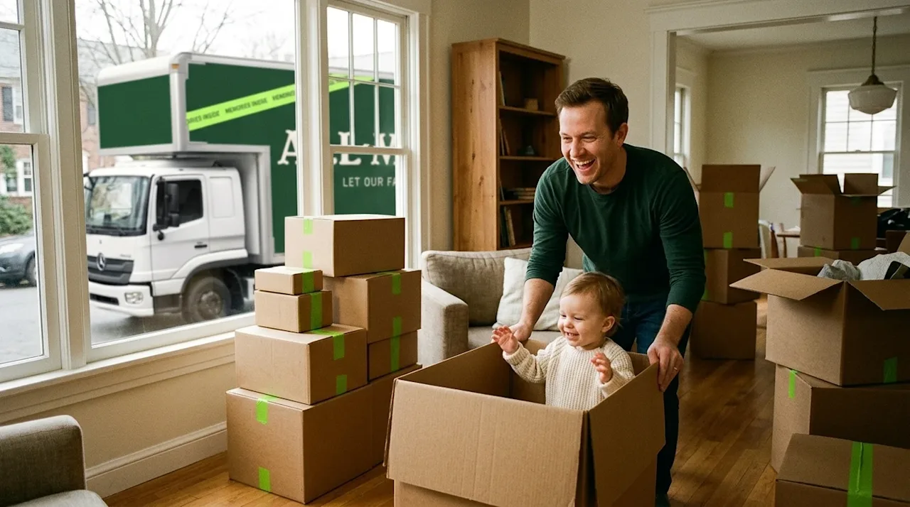 Candid lifestyle photography of a moving day with kids. A joyful father wearing a dark forest green shirt is playfully pushin