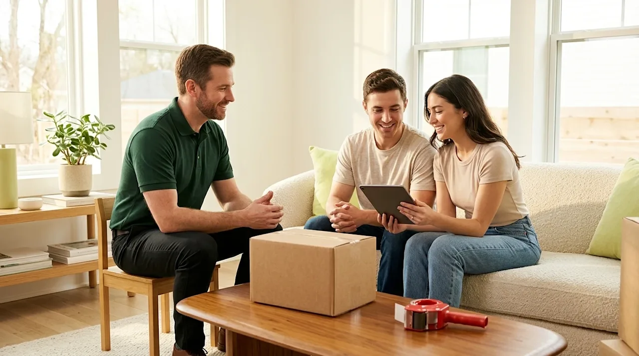 Professional marketing photography, lifestyle shot of a helpful moving consultation inside a bright, modern living room. A fr