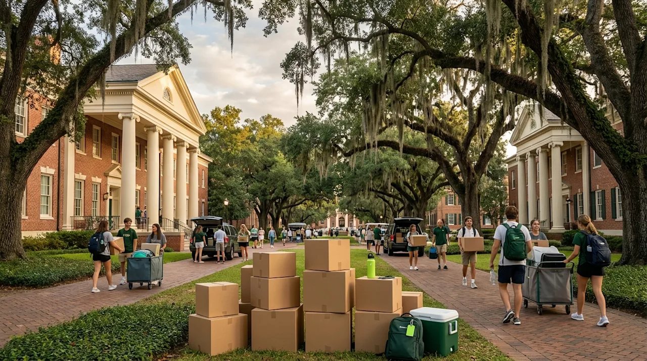 Student move-in day at a Louisiana university featuring moving boxes, students, and Southern architecture.