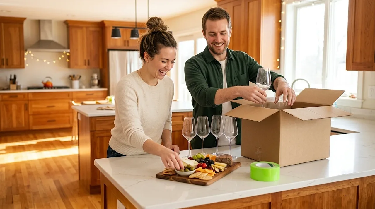 Professional lifestyle photography, a joyful young couple setting up for a housewarming party in their new home's bright, war