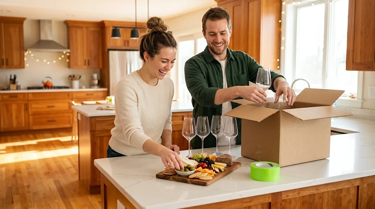 Professional lifestyle photography, a joyful young couple setting up for a housewarming party in their new home's bright, war
