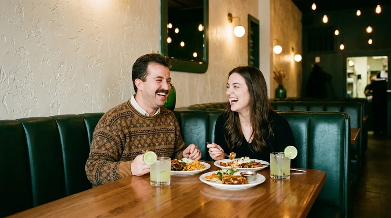 A candid, authentic lifestyle photograph of a joyful couple enjoying a celebratory meal at a popular, cozy restaurant in Tuls