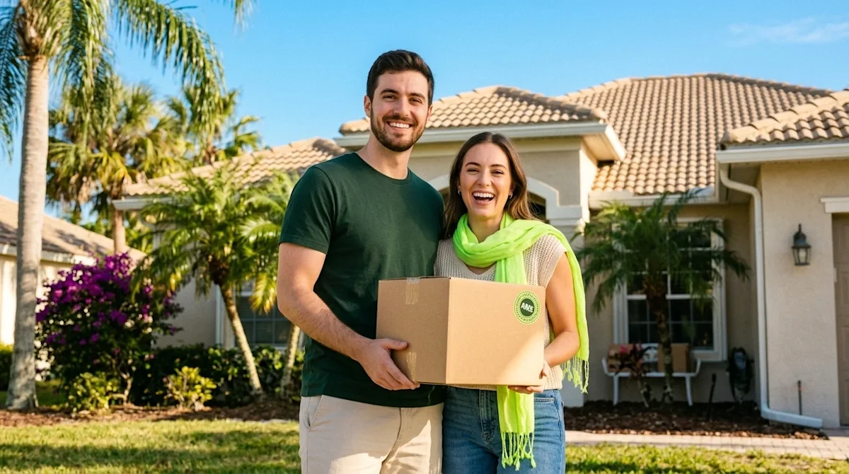 Clear and professional marketing photography of a happy young couple standing in front of a beautiful, sunlit Florida-style h
