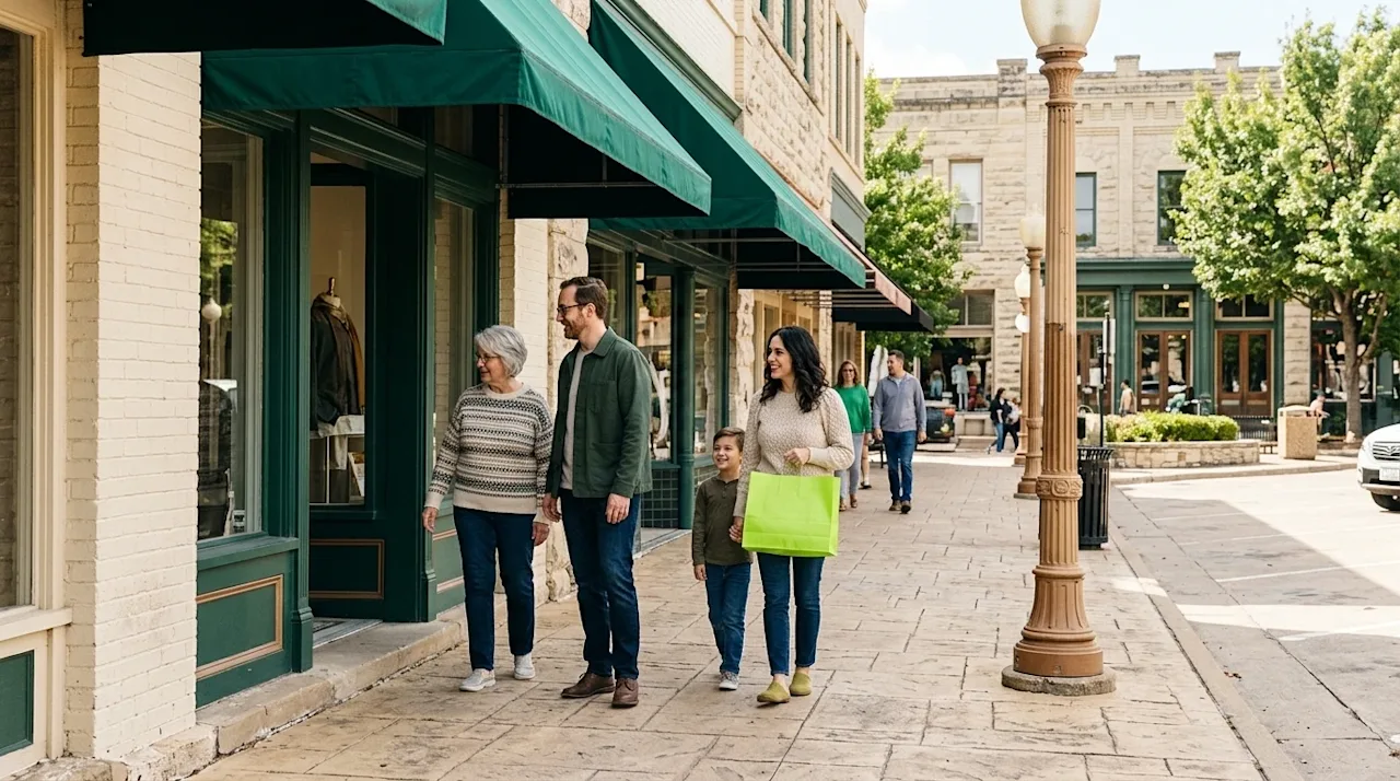Professional marketing lifestyle photography of a happy family exploring the charming historic downtown square of McKinney, T