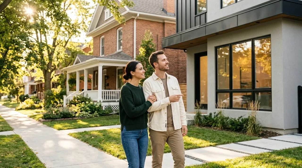 Professional lifestyle marketing photography of a smiling couple standing on a bright, sunny residential sidewalk, looking th