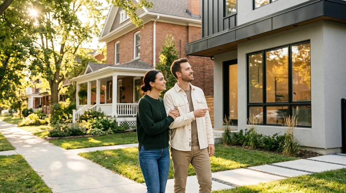 Professional lifestyle marketing photography of a smiling couple standing on a bright, sunny residential sidewalk, looking th