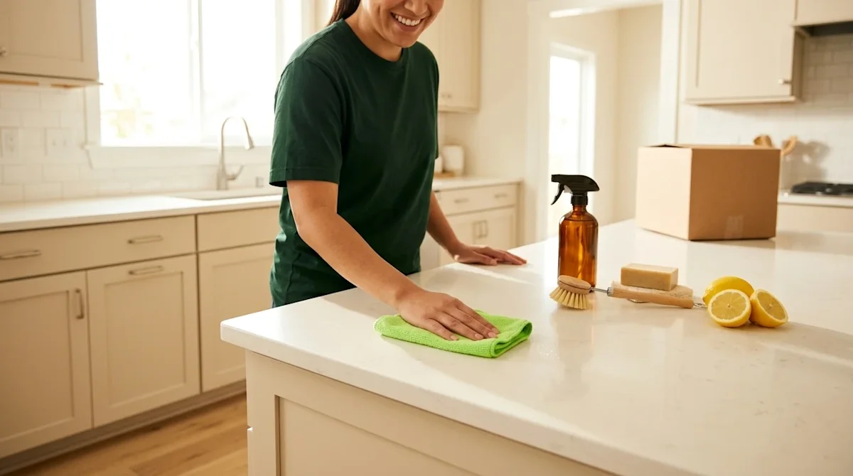 Professional marketing photography of a bright, sunlit modern kitchen being cleaned with eco-friendly natural products. A per