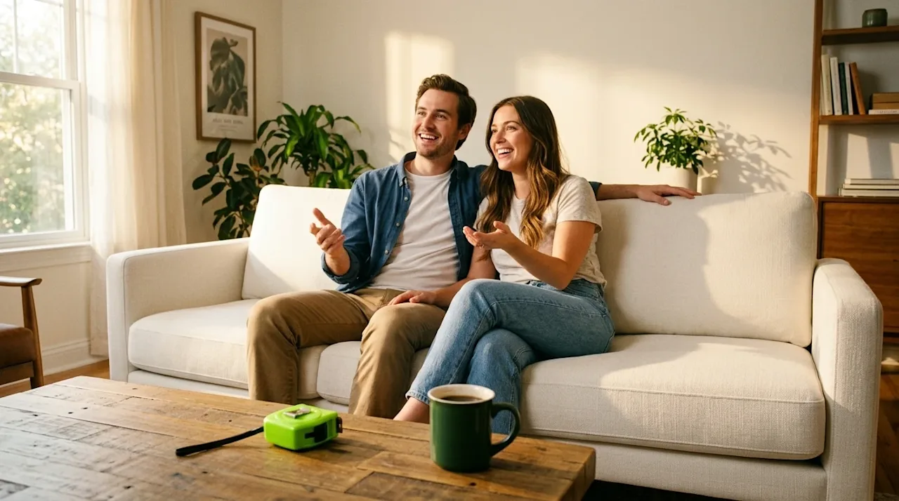 Professional marketing lifestyle photography of a pristine, modern off-white sofa in a bright, warmly lit living room. A happ