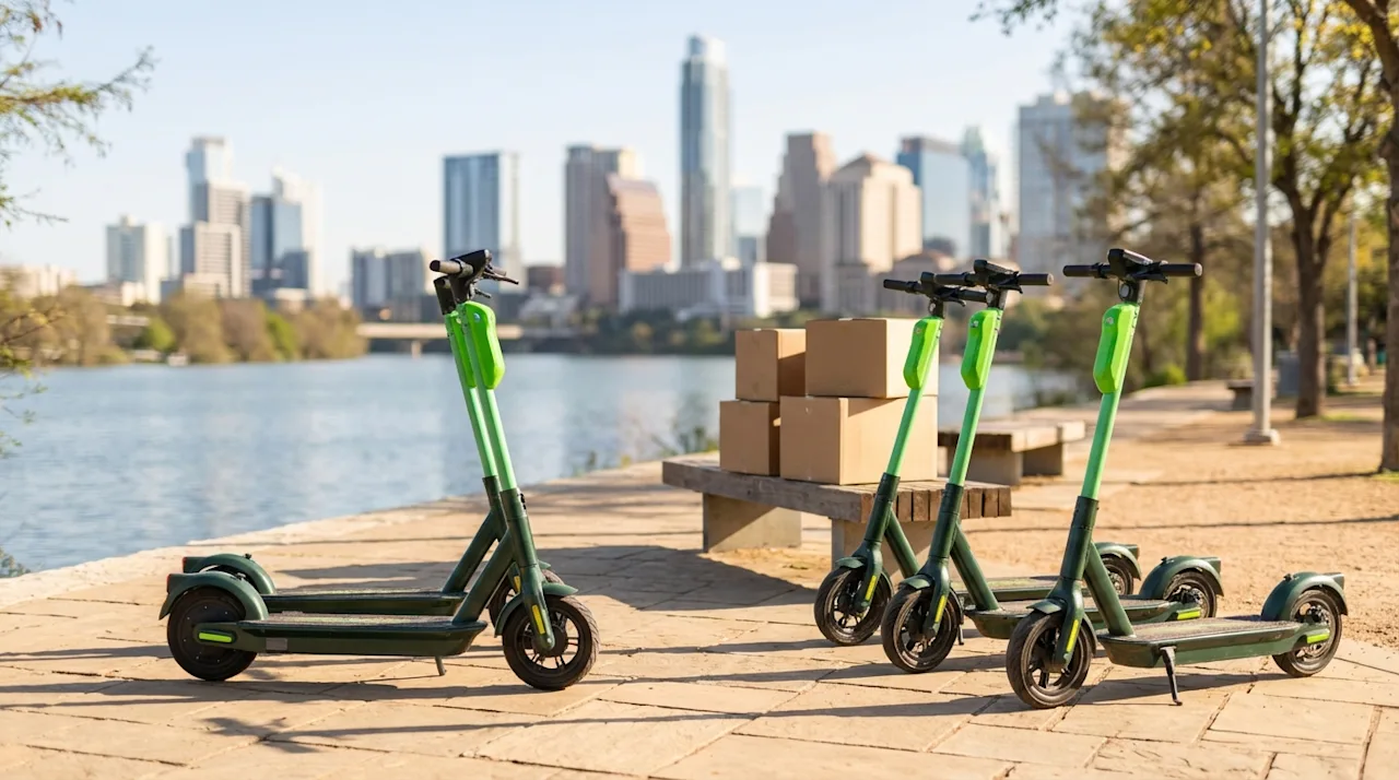 Green electric scooters and moving boxes on a sunny path by Lady Bird Lake with the Austin skyline in the background.