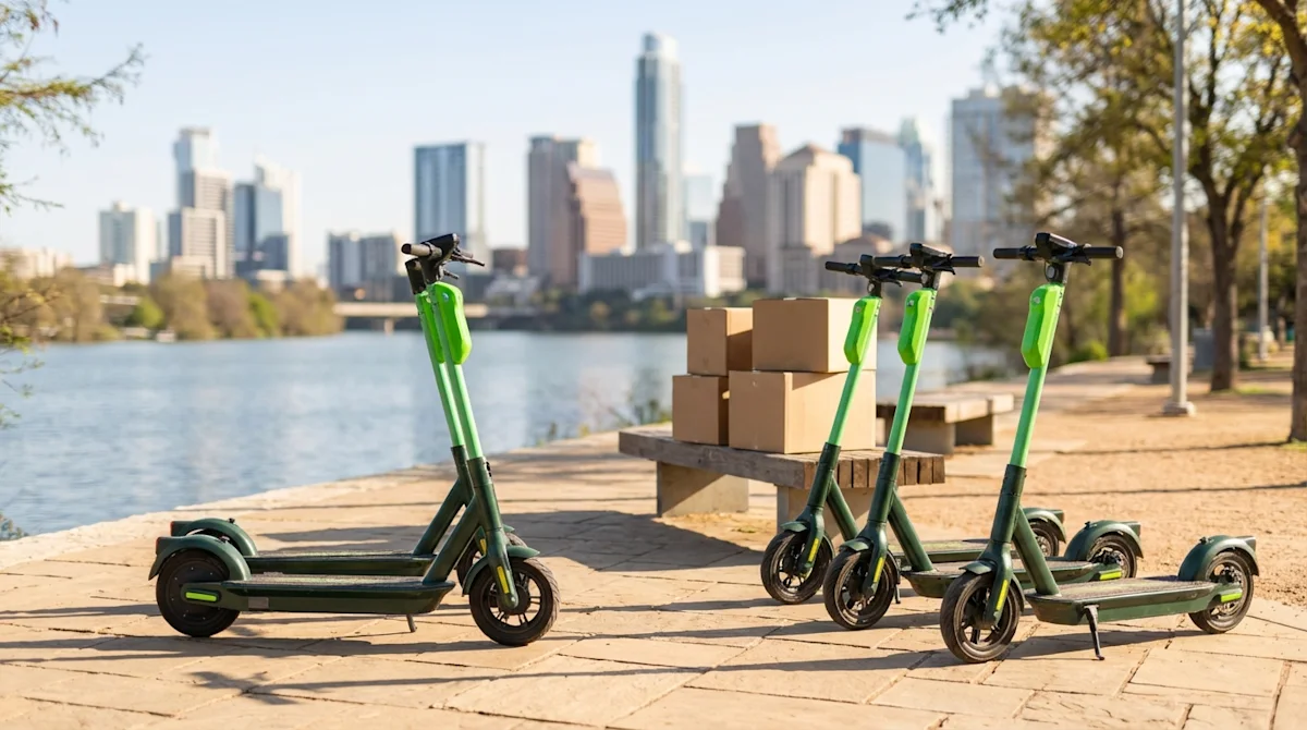 Green electric scooters and moving boxes on a sunny path by Lady Bird Lake with the Austin skyline in the background.