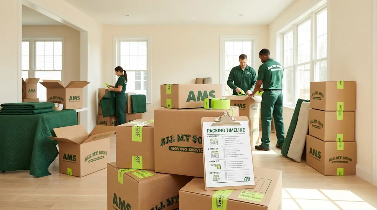 Professional movers in green uniforms pack boxes in a sunlit room with a packing timeline checklist clipboard.