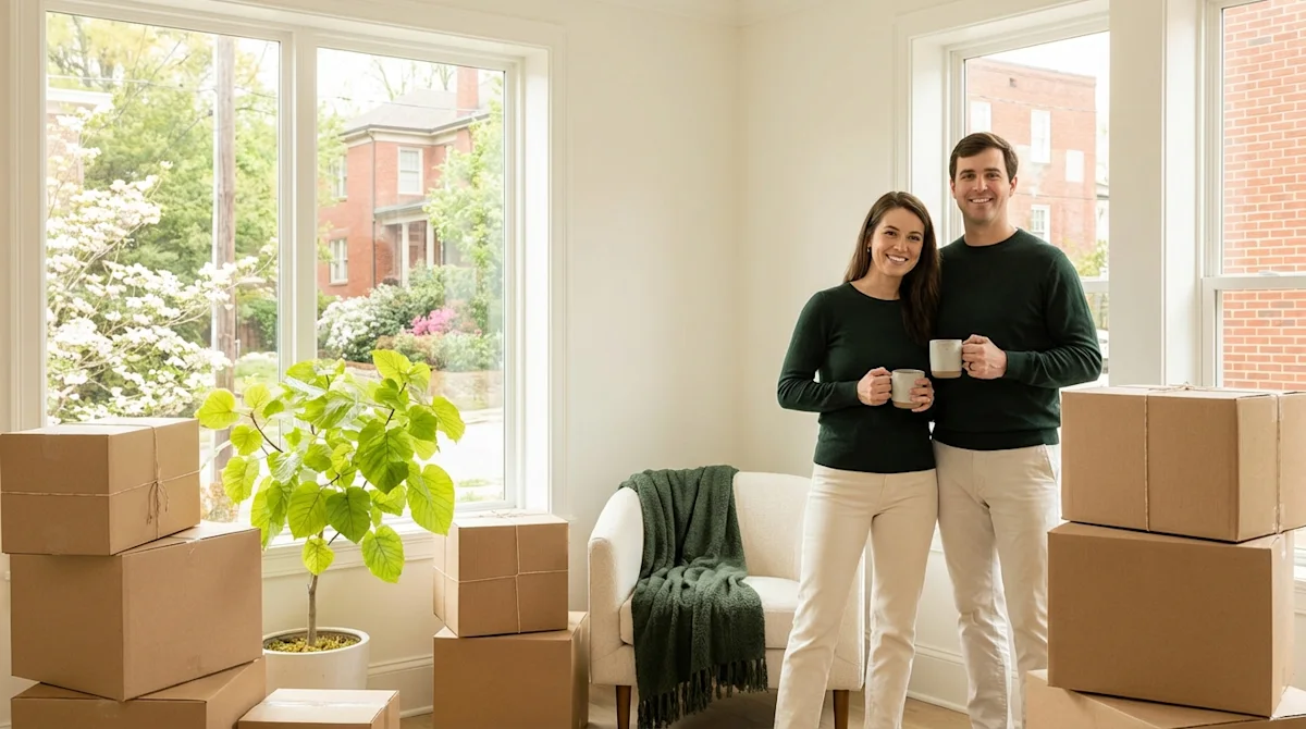 Relaxed couple holding coffee in a sunlit Birmingham home with stacked boxes for a stress-free moving day experience.