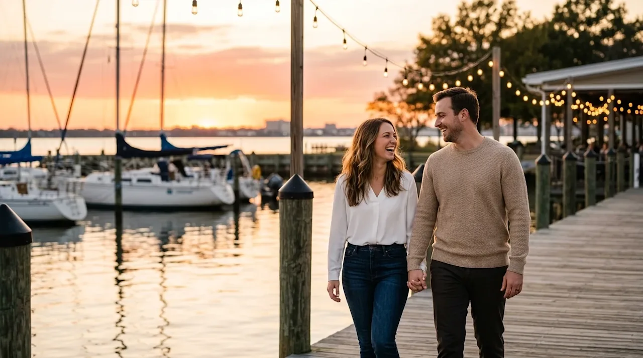 Professional lifestyle photography of a joyful couple enjoying a romantic date night at a waterfront marina in Newport News a