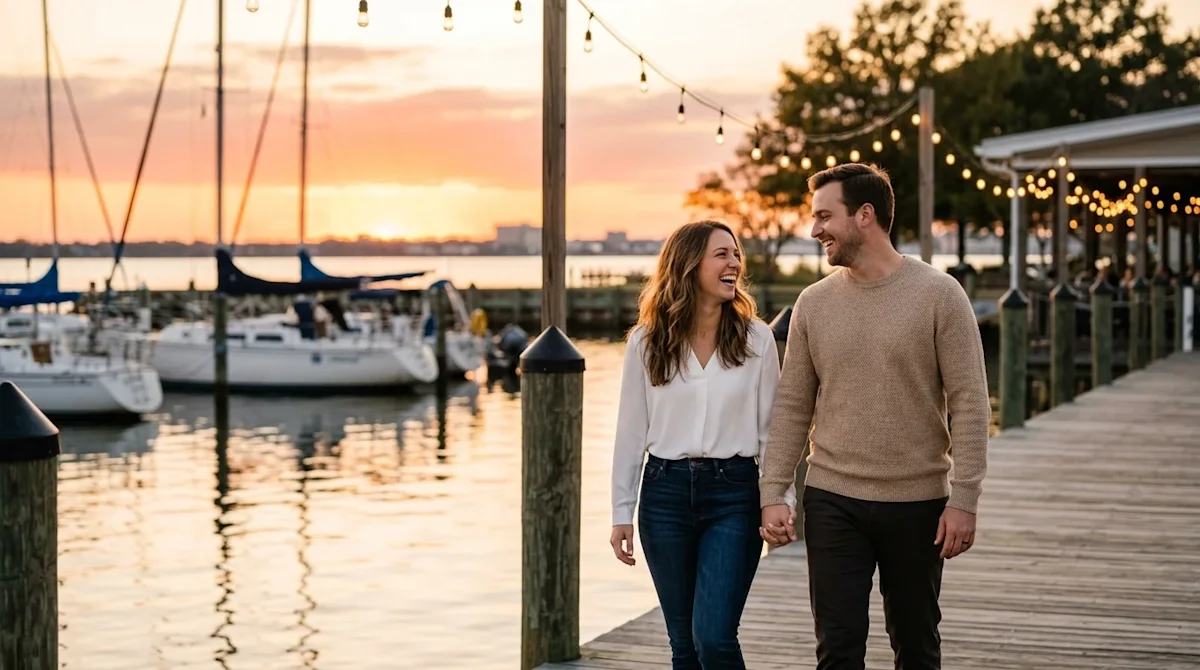 Professional lifestyle photography of a joyful couple enjoying a romantic date night at a waterfront marina in Newport News a