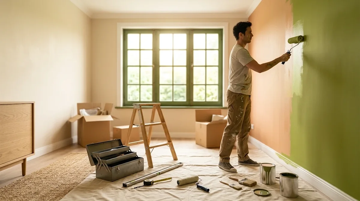 High-quality commercial photography of a budget-friendly DIY home renovation in progress. A brightly lit, welcoming living ro