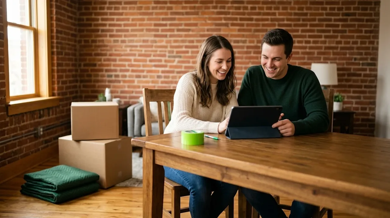 Professional marketing photography, lifestyle editorial shot of a smiling couple in a cozy, sunlit living room with classic e
