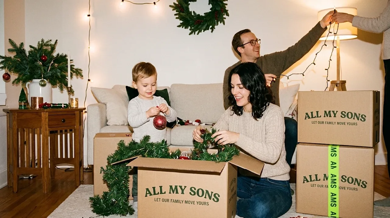 Candid, warm 35mm film photography of a family in a cozy living room decorating for the holidays, happily pulling festive orn