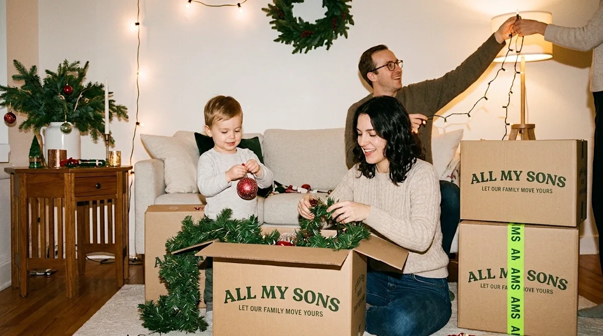 Candid, warm 35mm film photography of a family in a cozy living room decorating for the holidays, happily pulling festive orn