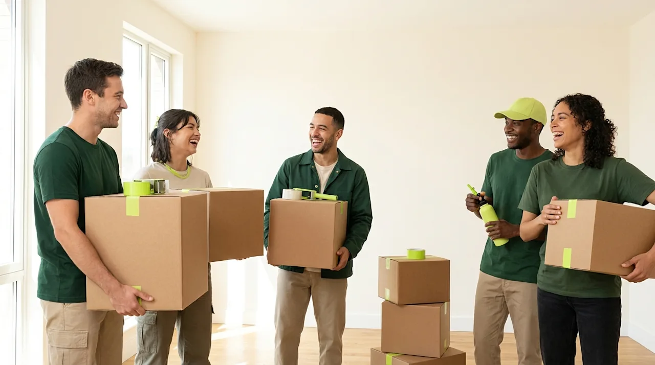 Diverse group of friends smiling and carrying moving boxes in a bright room with green accents.