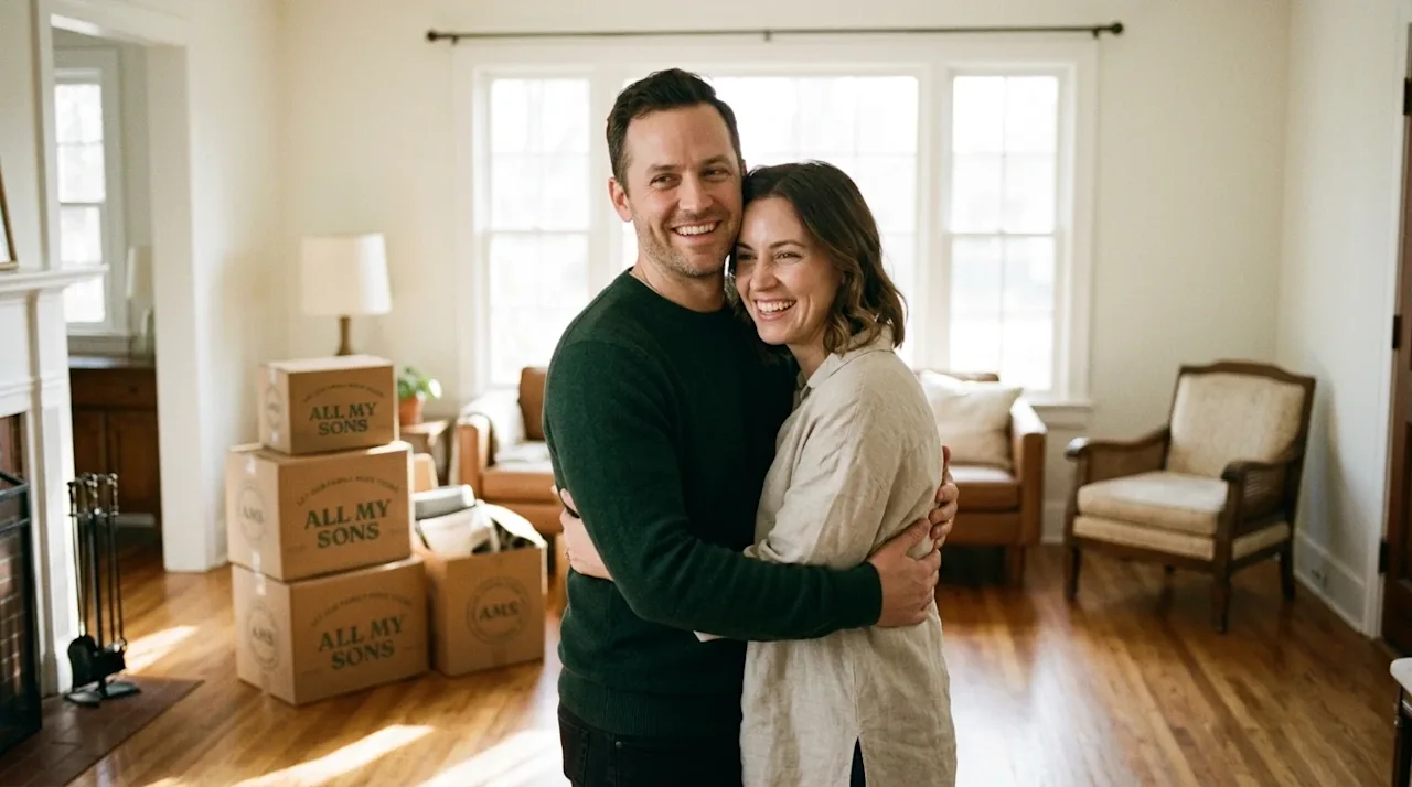 A high-quality, candid lifestyle photograph of a happy couple embracing in the living room of their newly purchased home. The