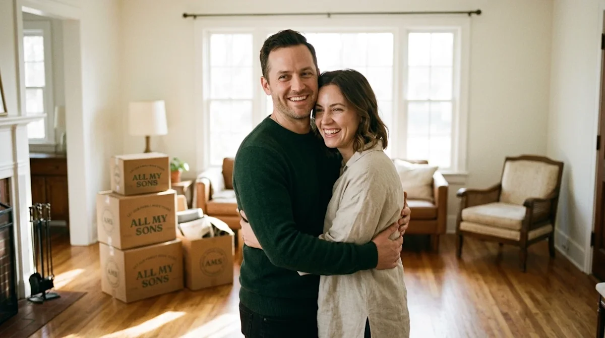 A high-quality, candid lifestyle photograph of a happy couple embracing in the living room of their newly purchased home. The