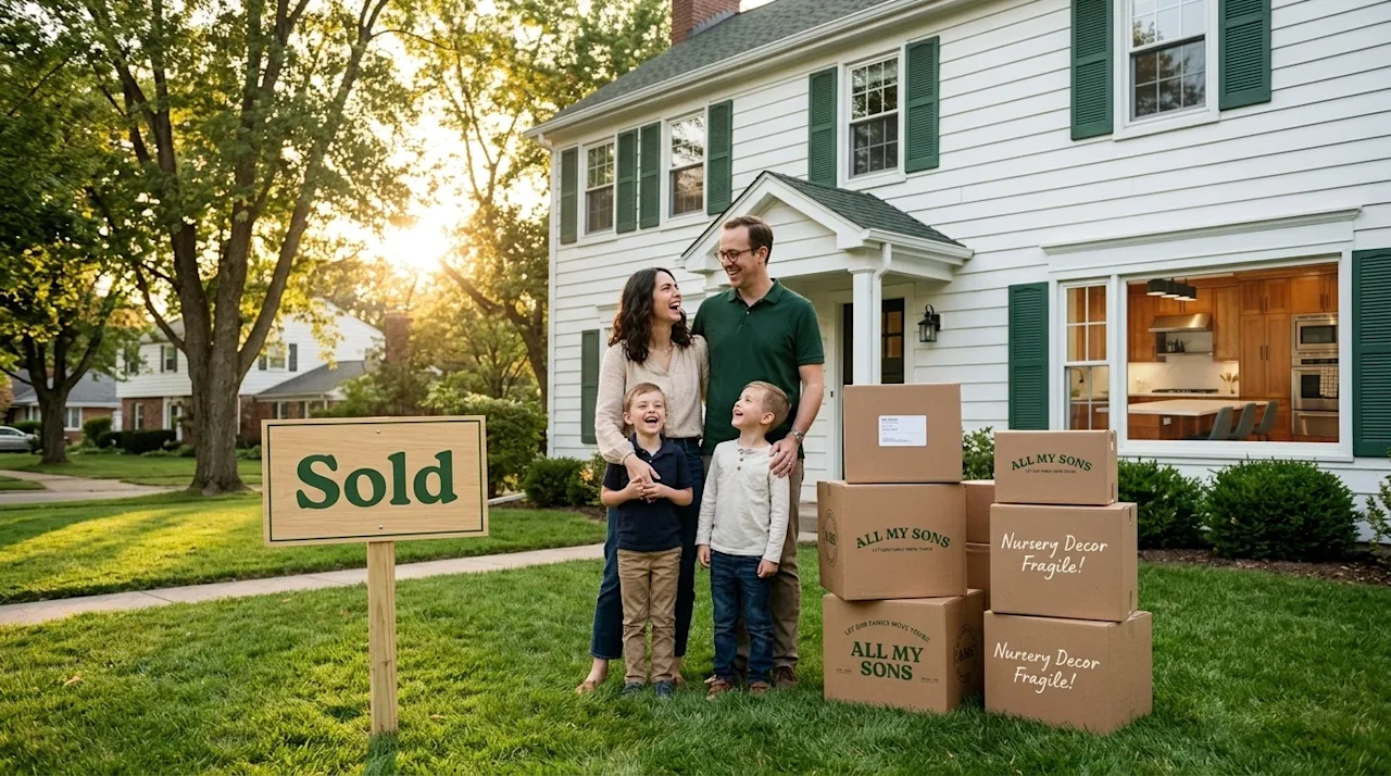 A bright, optimistic lifestyle photograph celebrating a booming real estate market. A joyful family stands on the lush green