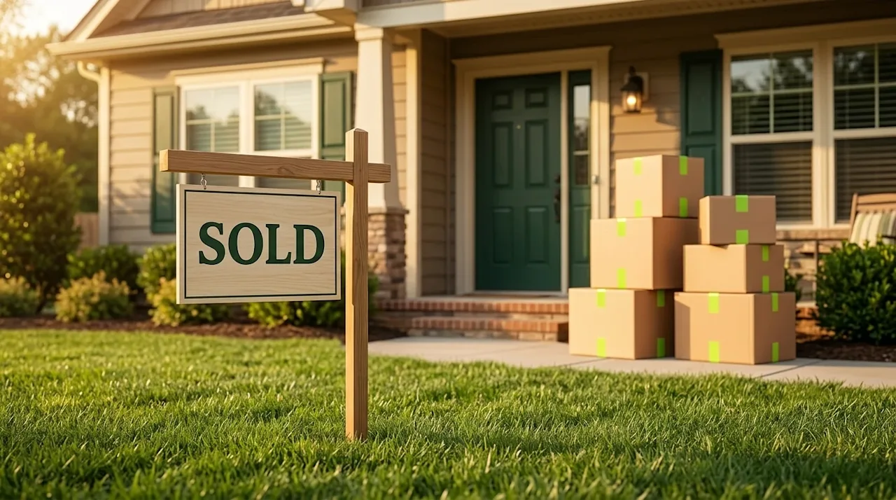 A high-quality lifestyle photograph of an inviting, warmly lit suburban home exterior during late afternoon golden hour, capt