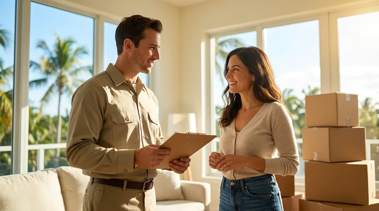 Professional photography of a friendly moving company professional in a clean, crisp, solid-colored uniform holding a clipboa
