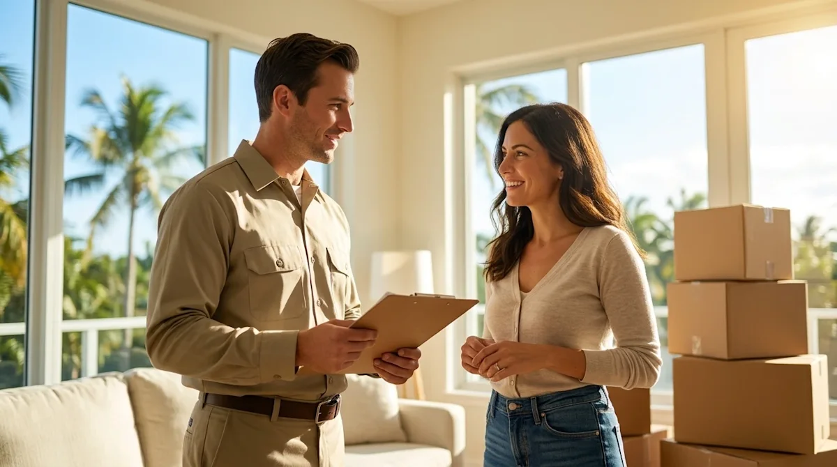 Professional photography of a friendly moving company professional in a clean, crisp, solid-colored uniform holding a clipboa