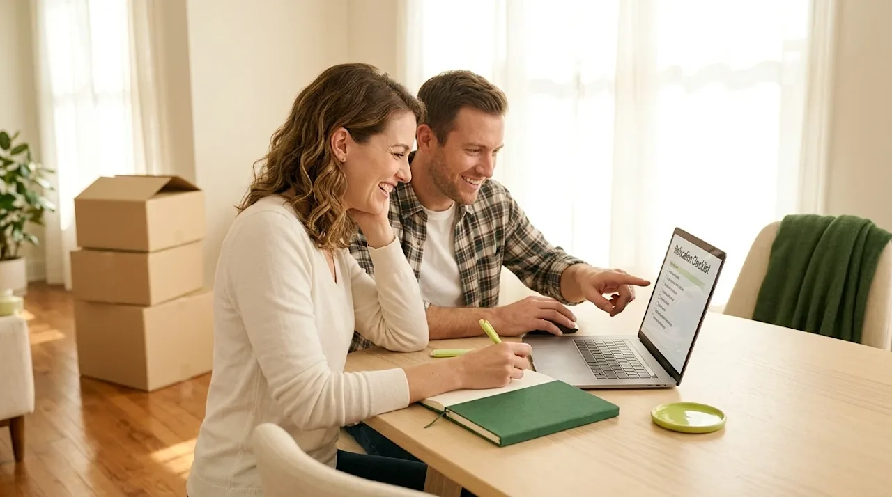 Professional marketing photography of a smiling couple sitting at a modern home dining table, actively planning their relocat