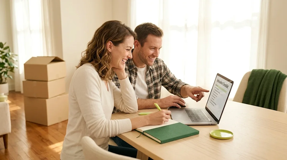 Professional marketing photography of a smiling couple sitting at a modern home dining table, actively planning their relocat