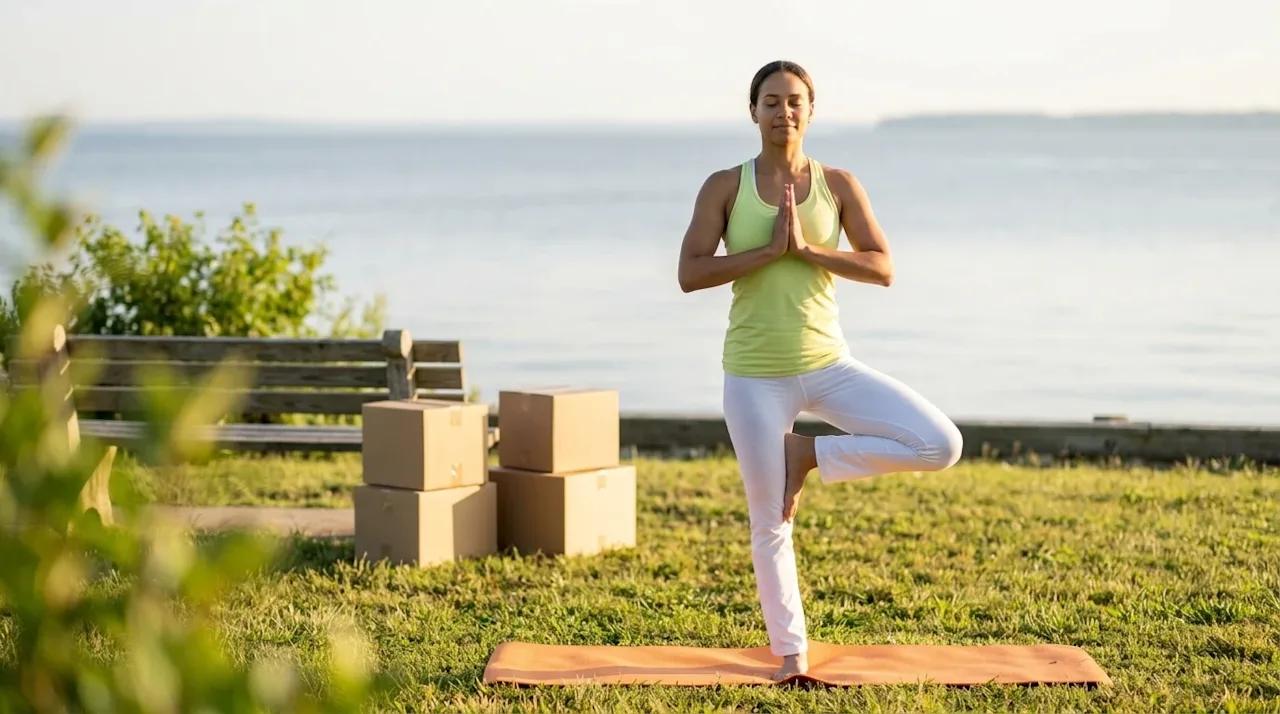 High-quality lifestyle photography of a serene outdoor yoga session at a scenic park near the water in Newport News, Virginia