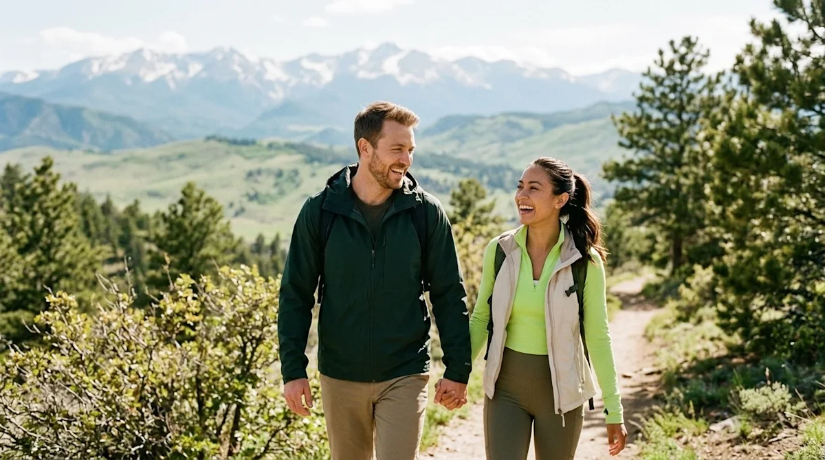 Photorealistic candid lifestyle photography of a joyful couple enjoying a sunny outdoor hike on a scenic trail near Denver, C