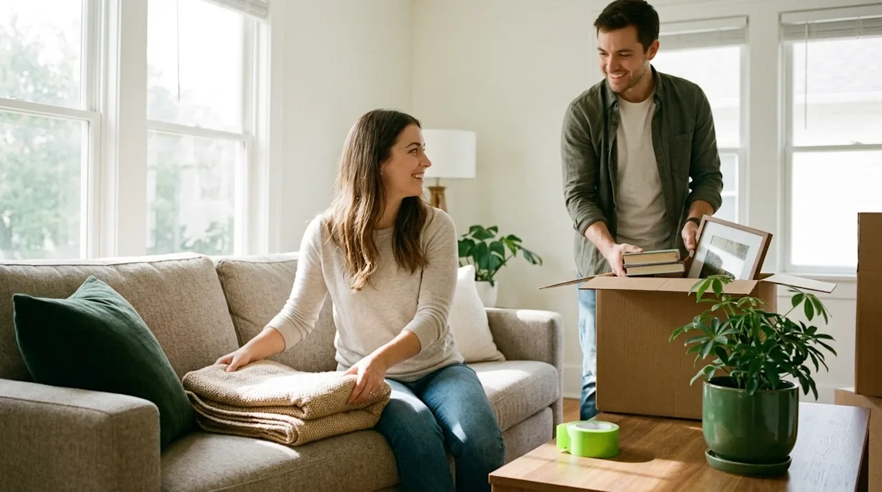 Candid lifestyle photography of a smiling couple preparing their home for an open house, decluttering a bright and welcoming