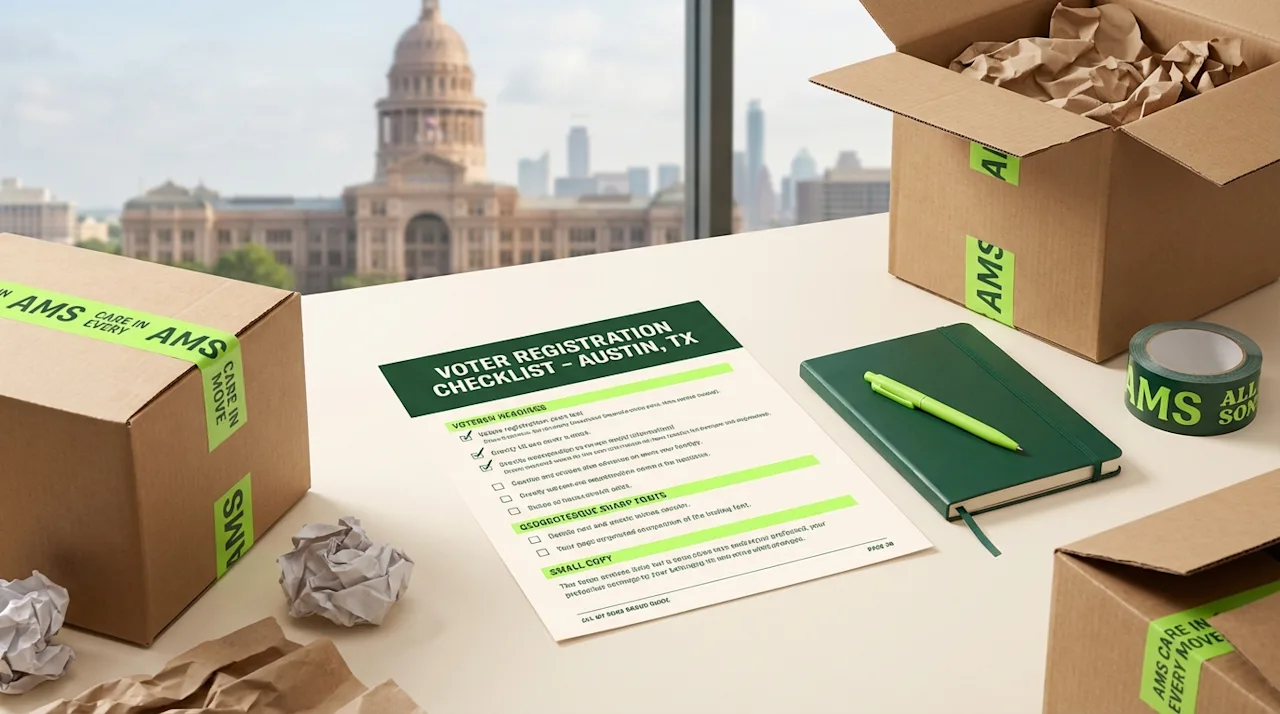 Voter registration checklist and moving boxes on a desk with the Texas State Capitol in the background