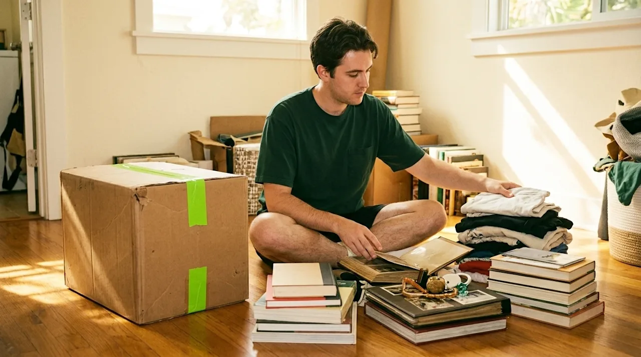 Candid lifestyle photography in a warm, vintage 35mm film style with direct flash lighting. A person sitting on a warm hardwo