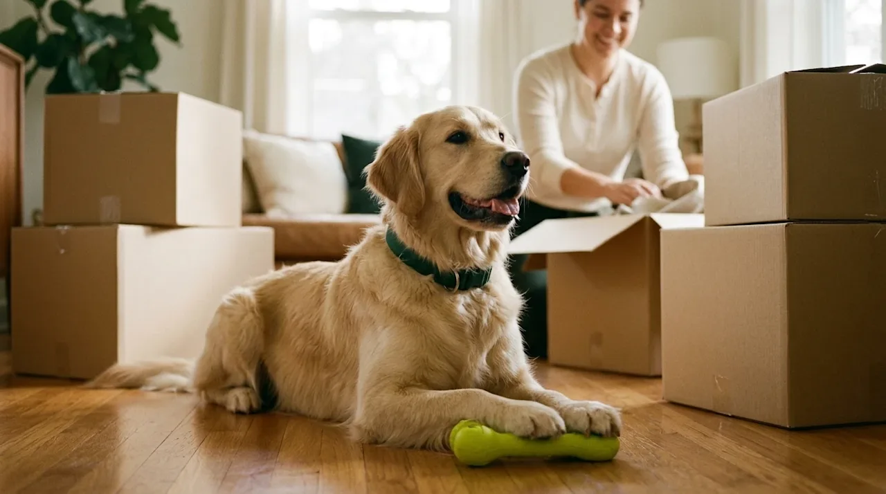 Candid, authentic 35mm film-style photography of a happy Golden Retriever dog sitting comfortably on warm hardwood floors, su