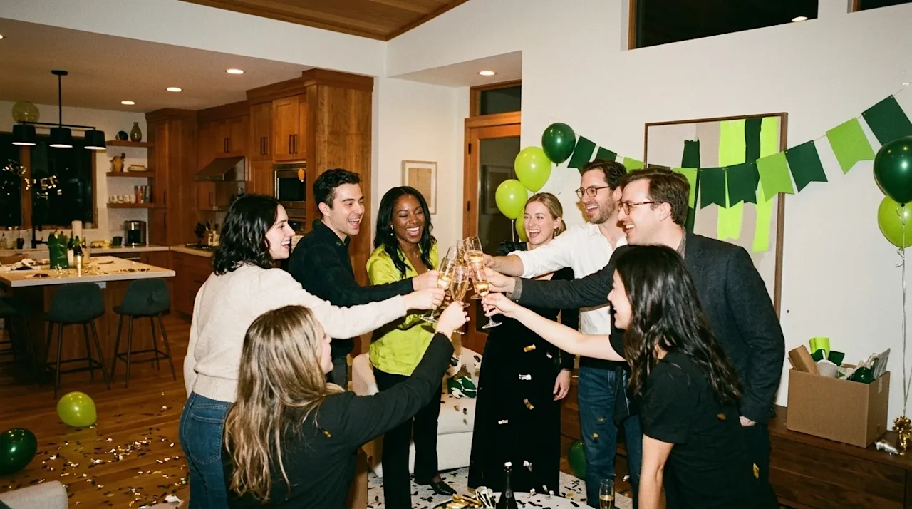 Candid 35mm film photography of a lively New Year's Eve party in a warm, inviting modern home. A diverse group of friends are