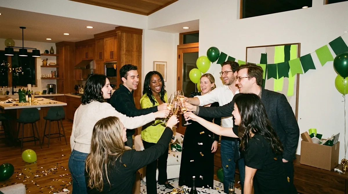Candid 35mm film photography of a lively New Year's Eve party in a warm, inviting modern home. A diverse group of friends are
