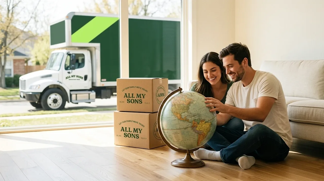 A professional lifestyle marketing photograph of a joyful couple sitting on the hardwood floor of a warm, sunlit living room,