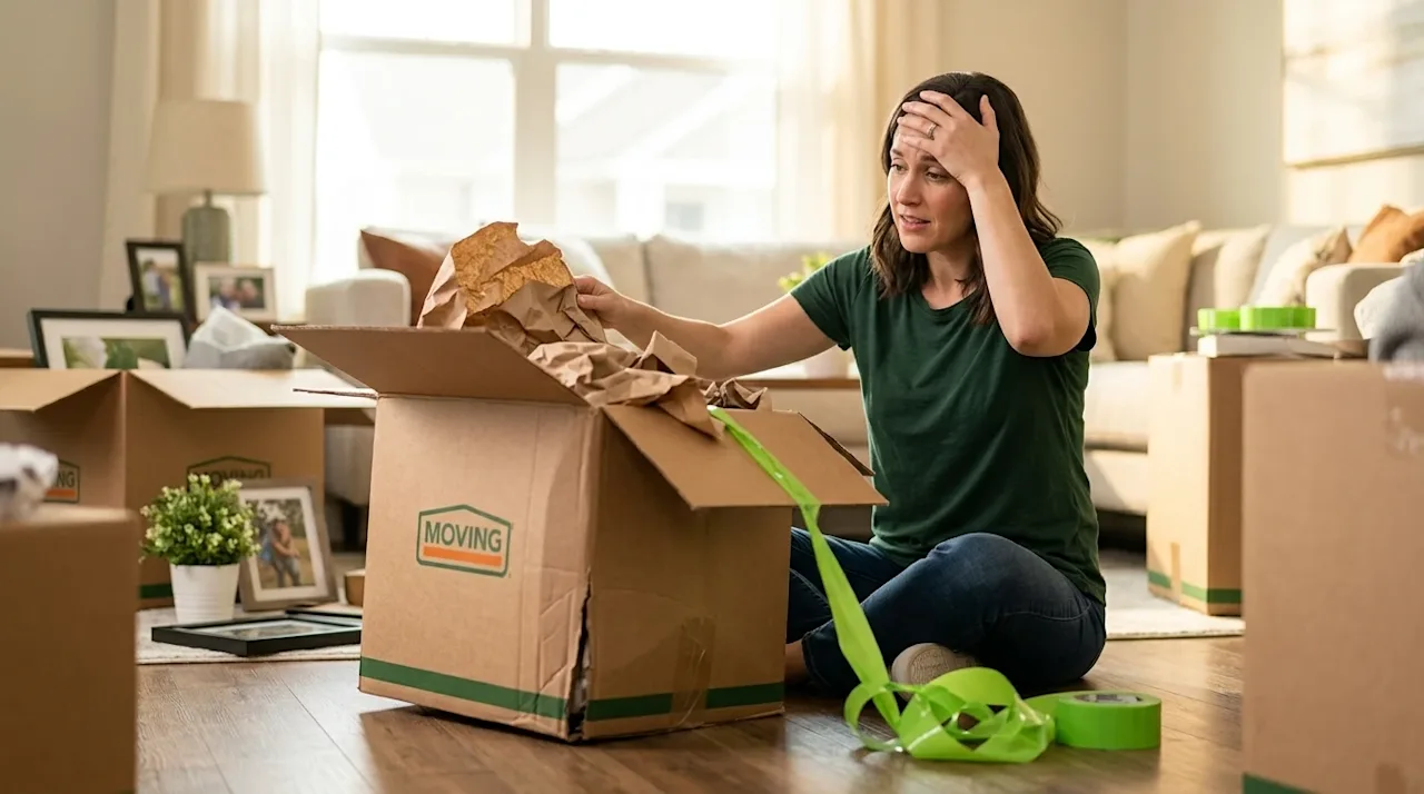 Professional marketing photography, clear and without borders, capturing a relatable lifestyle scene of a common moving mista