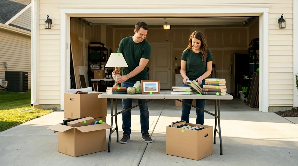 Professional marketing lifestyle photography of a cheerful couple organizing a garage sale in a bright, sunlit suburban drive